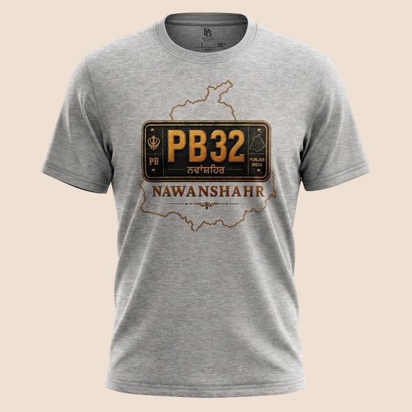 PUNJAB BOLDA grey unisex classic tee featuring a PB32 Nawanshahr district license plate graphic from the JILA collection