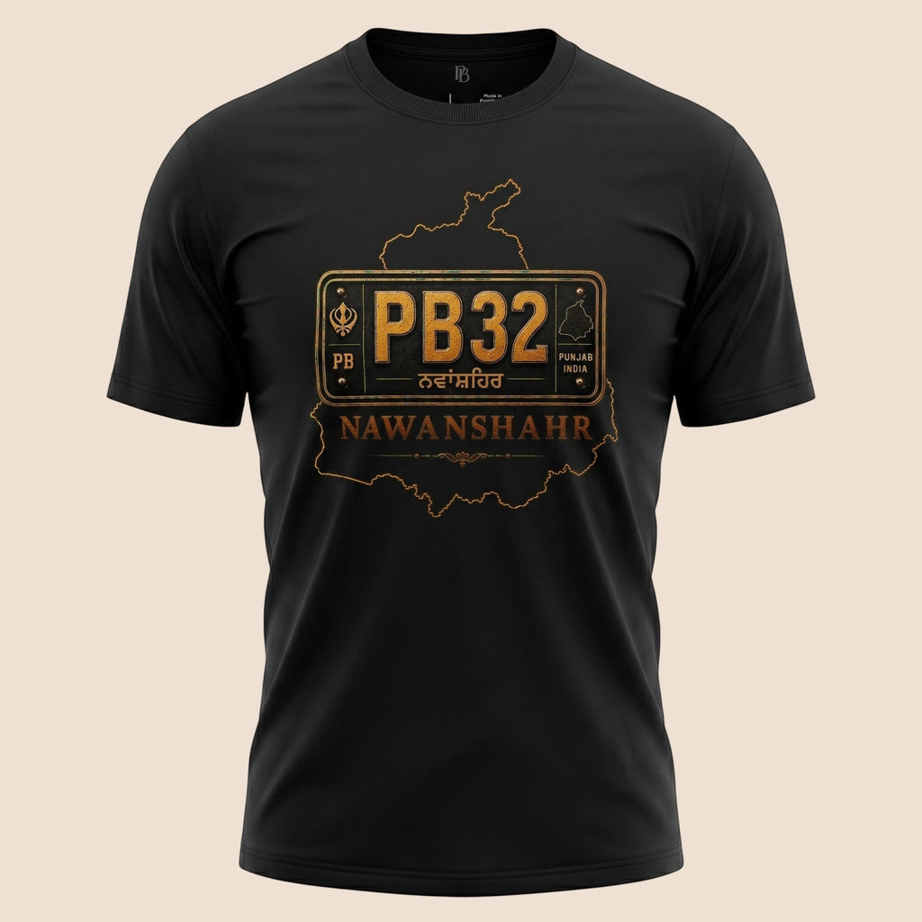PUNJAB BOLDA black unisex classic tee featuring a gold PB32 Nawanshahr district graphic print.
