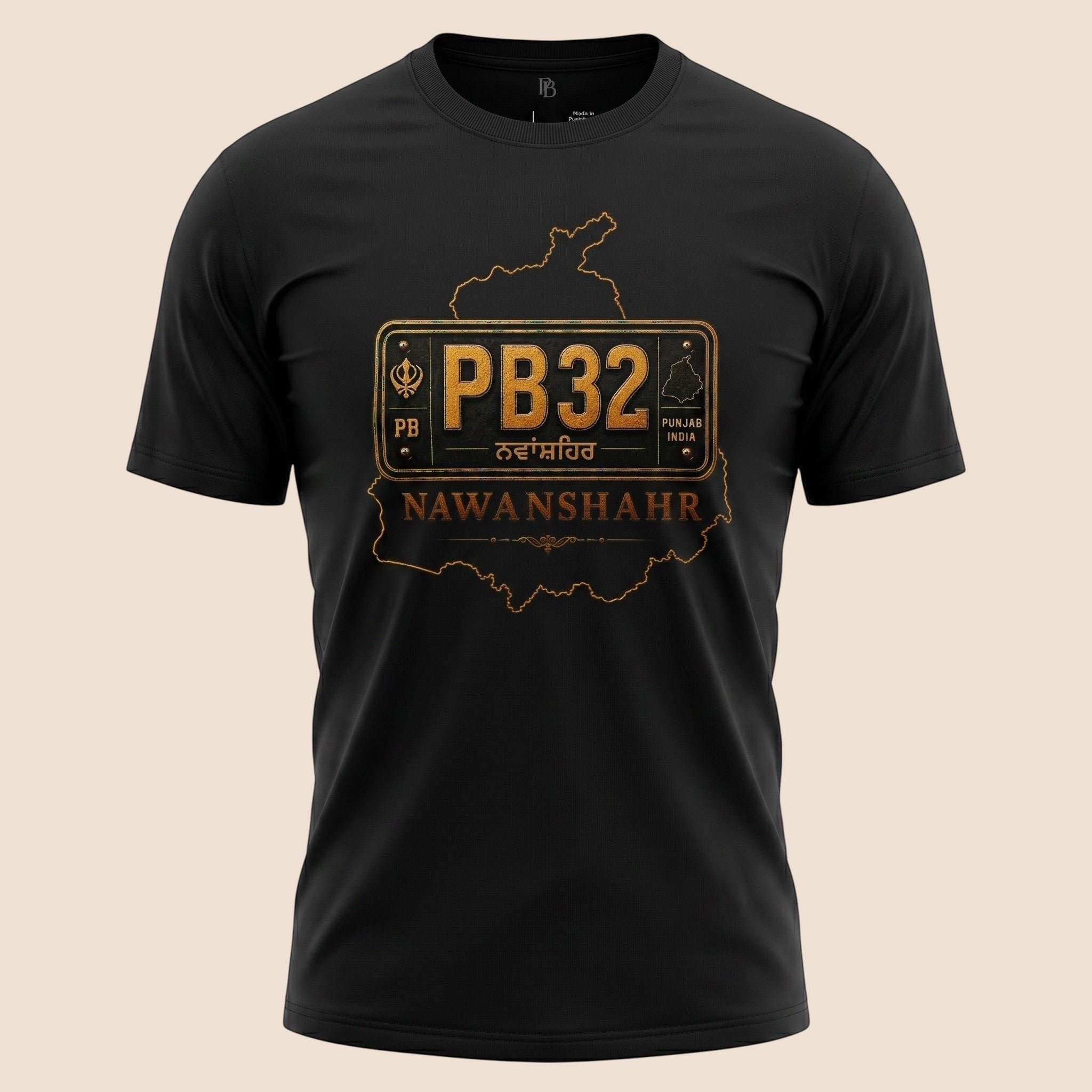 PUNJAB BOLDA black unisex classic tee featuring a gold PB32 Nawanshahr district graphic print.