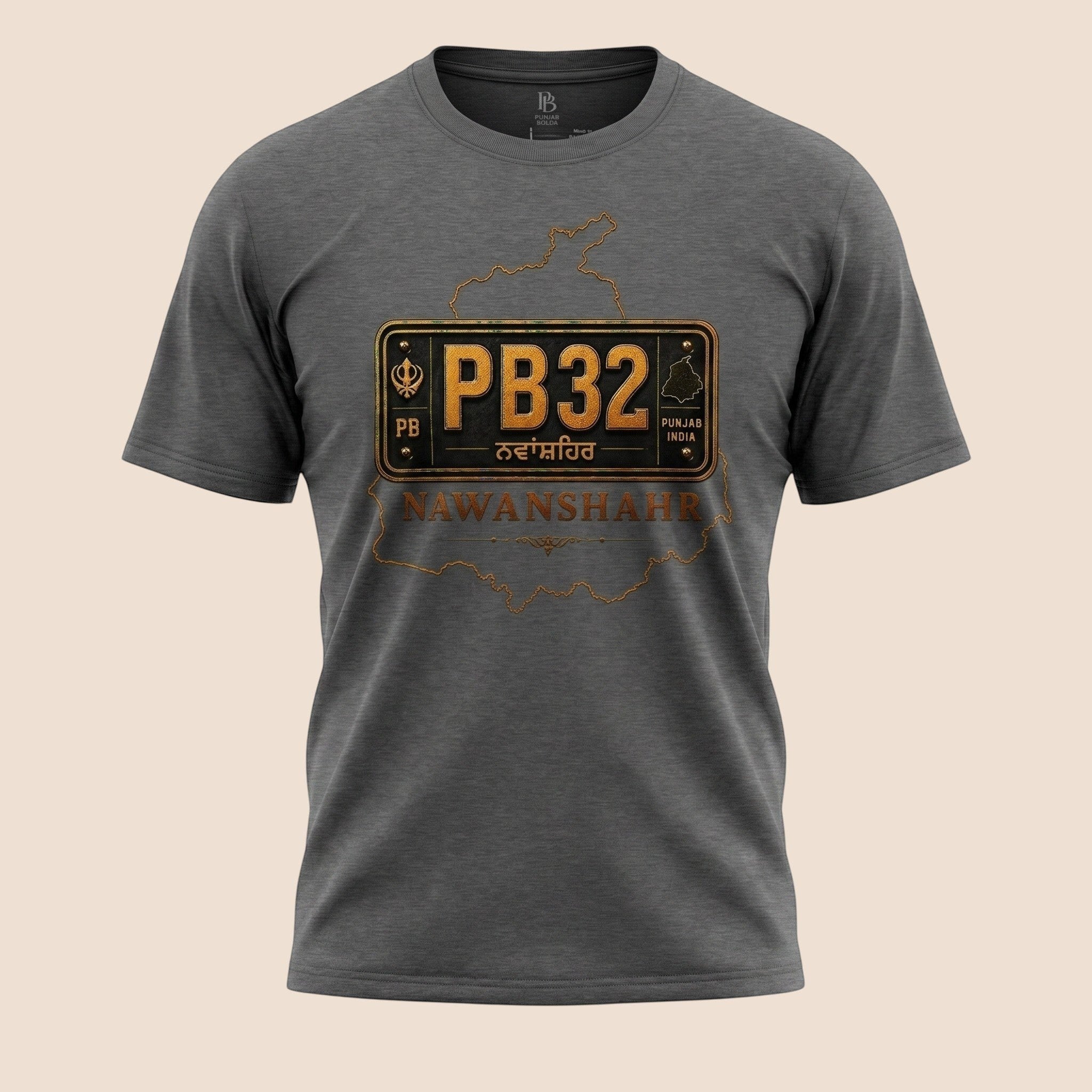 PUNJAB BOLDA unisex charcoal grey classic tee featuring a PB32 Nawanshahr district graphic print.