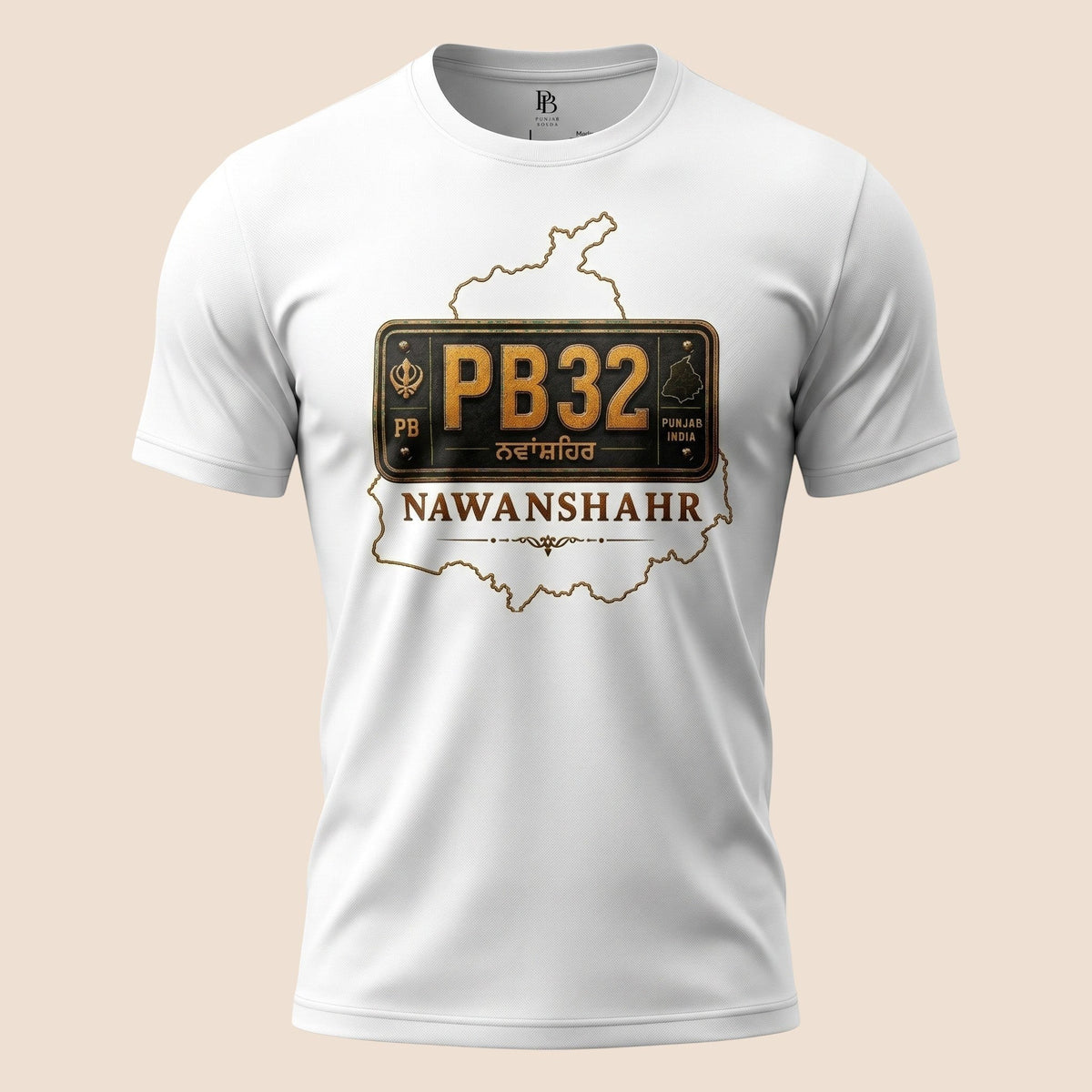 PUNJAB BOLDA white unisex classic tee featuring a PB32 Nawanshahr district license plate graphic and map outline.