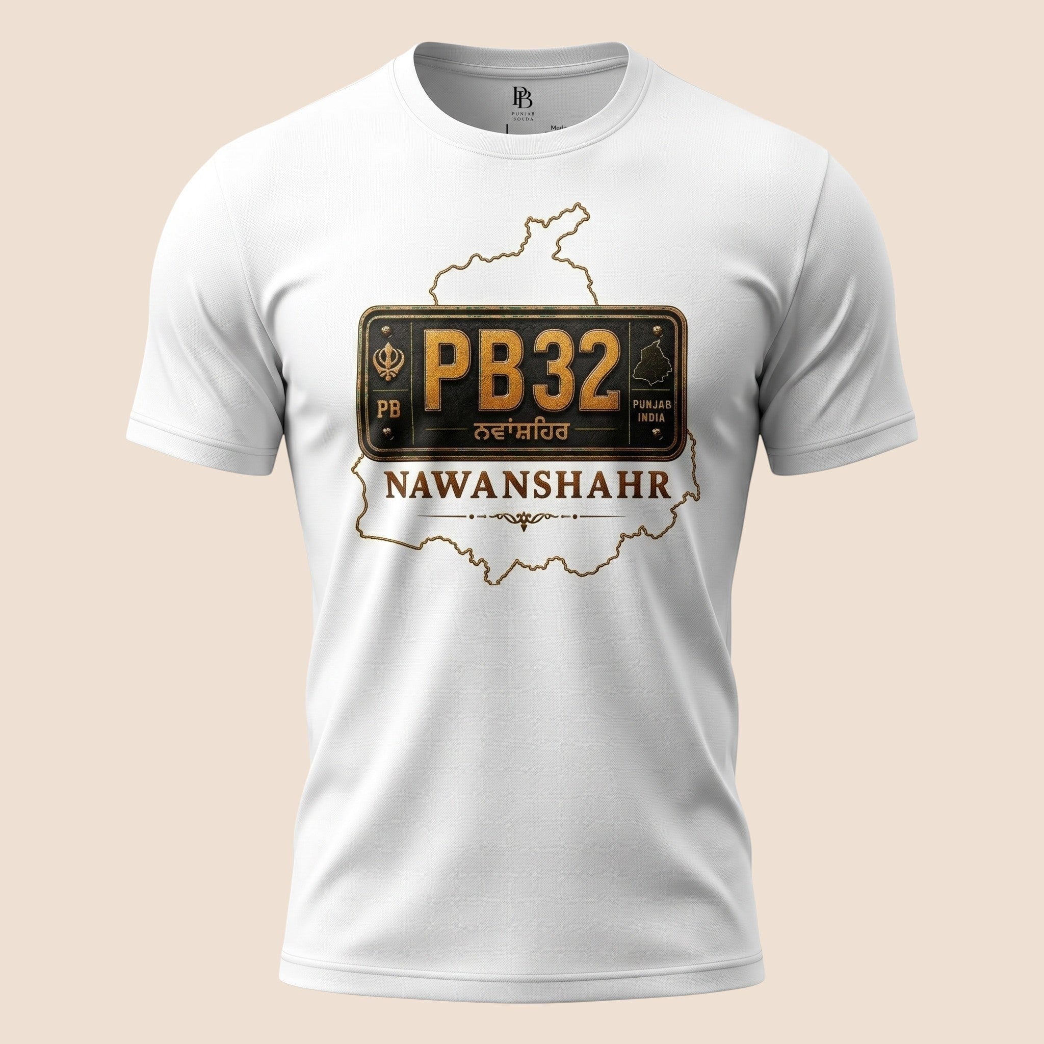 PUNJAB BOLDA white unisex classic tee featuring a PB32 Nawanshahr district license plate graphic and map outline.