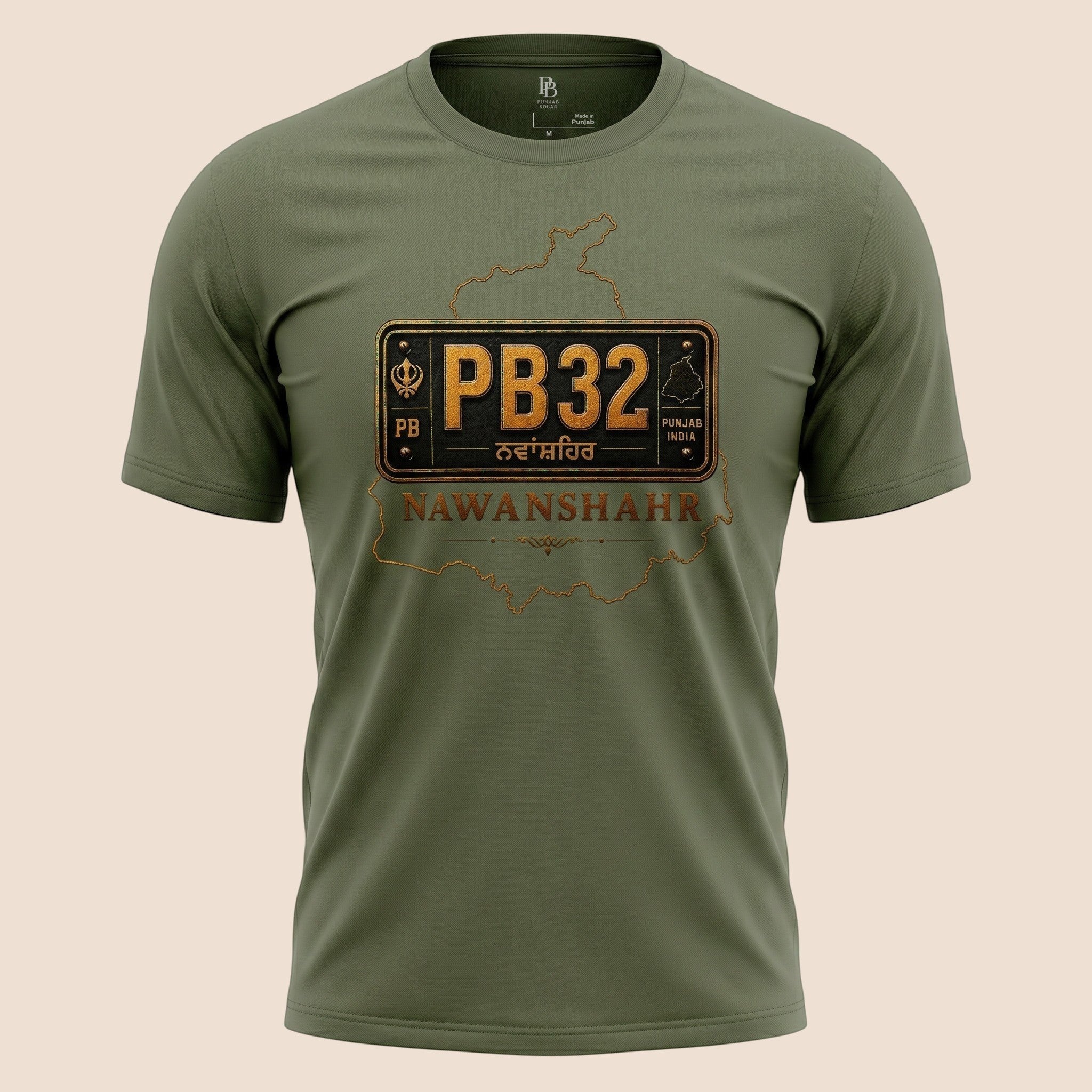 PUNJAB BOLDA olive green unisex classic tee featuring a PB32 Nawanshahr district graphic print.