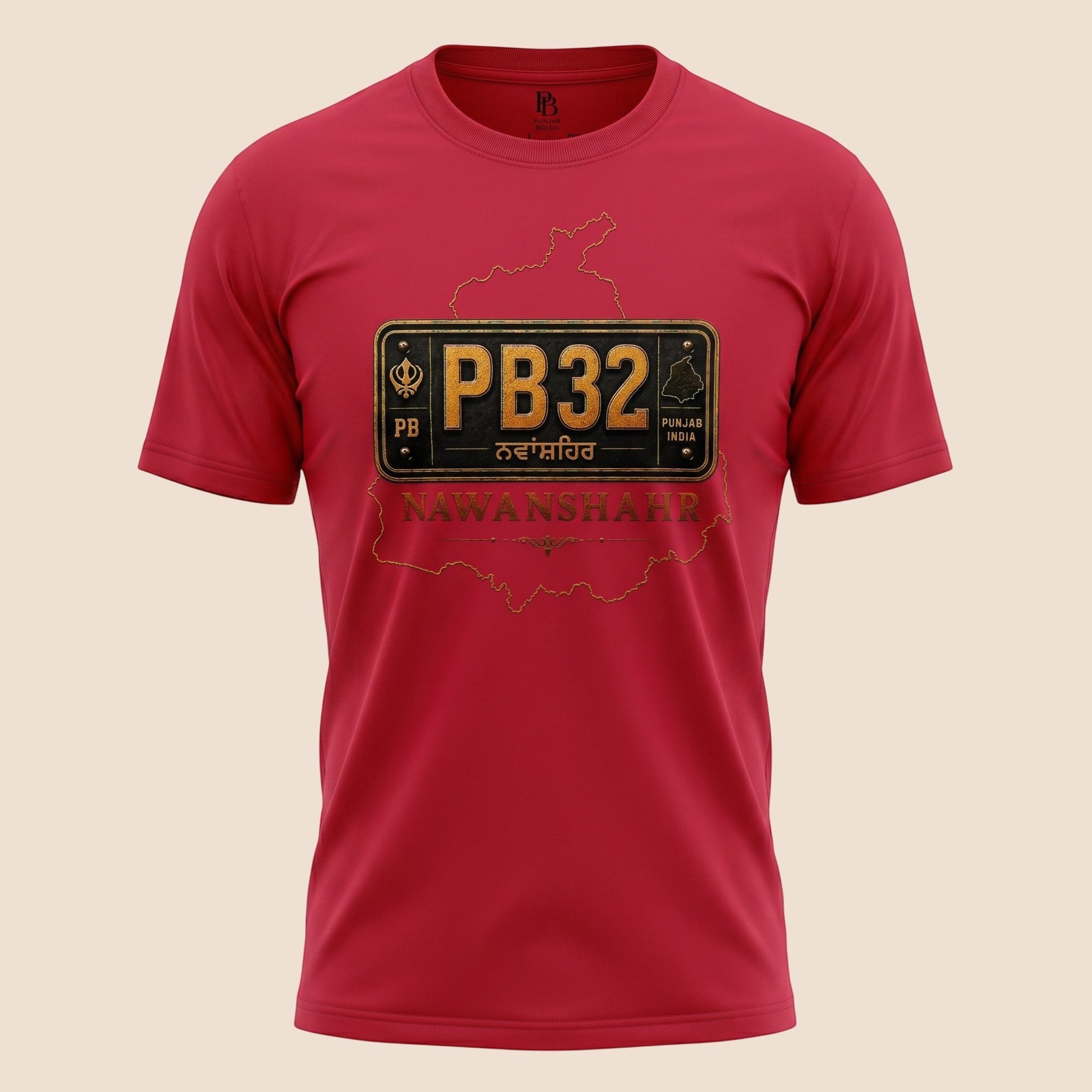 PUNJAB BOLDA red unisex classic tee featuring a PB32 Nawanshahr district license plate graphic and heritage design.