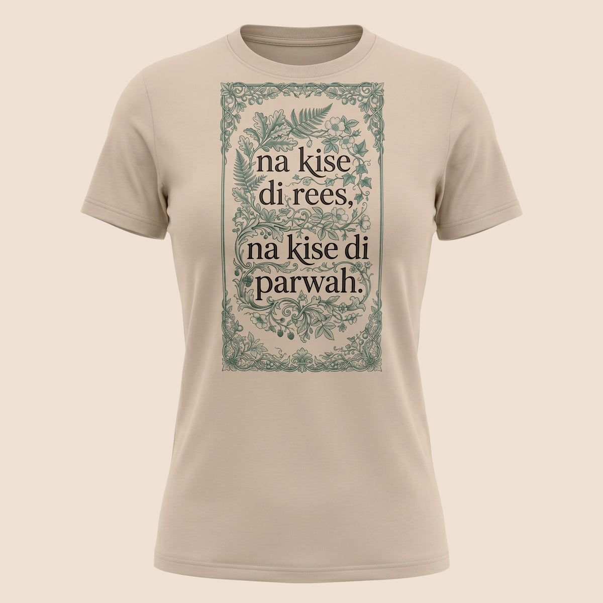 PUNJAB BOLDA beige unisex classic tee with vintage floral frame and Punjabi text graphic in 100% cotton.