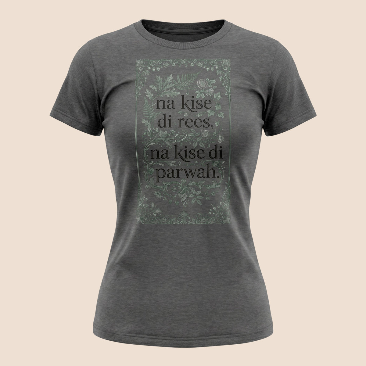 PUNJAB BOLDA charcoal grey unisex classic tee with green floral graphic and Punjabi text print in 100% cotton