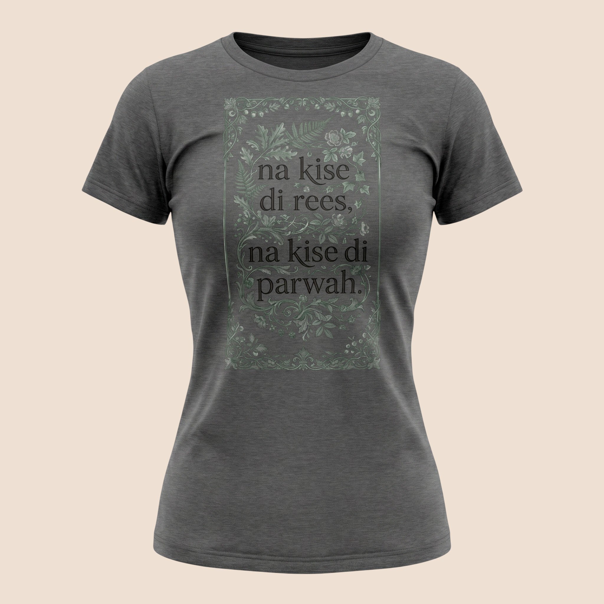 PUNJAB BOLDA charcoal grey unisex classic tee with green floral graphic and Punjabi text print in 100% cotton