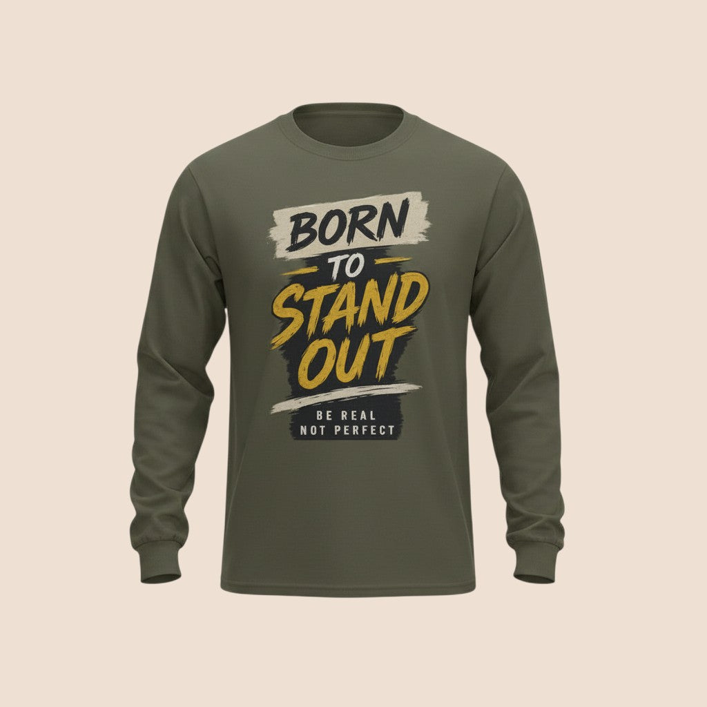 PUNJAB BOLDA olive green long sleeve cotton shirt with Born To Stand Out graphic print and rib cuffs.