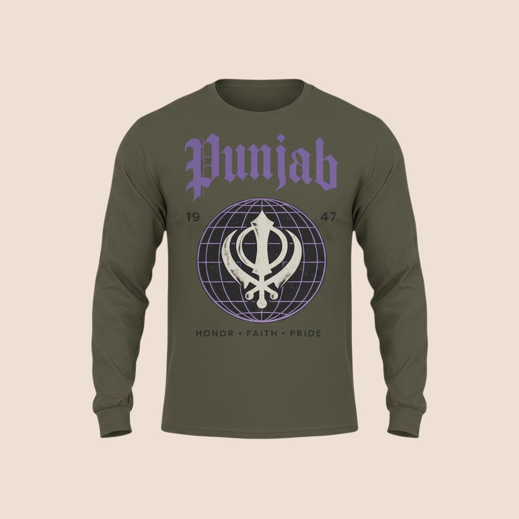 PUNJAB BOLDA olive green long sleeve cotton shirt with a graphic print of the Khanda symbol and Punjab text.