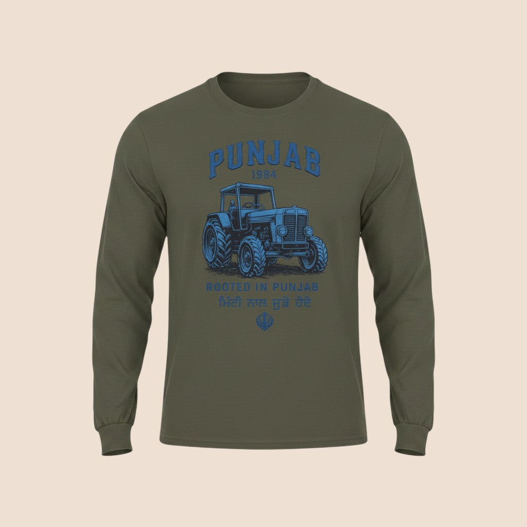 PUNJAB BOLDA olive green long-sleeve cotton shirt featuring a blue tractor graphic and Punjab 1984 text.
