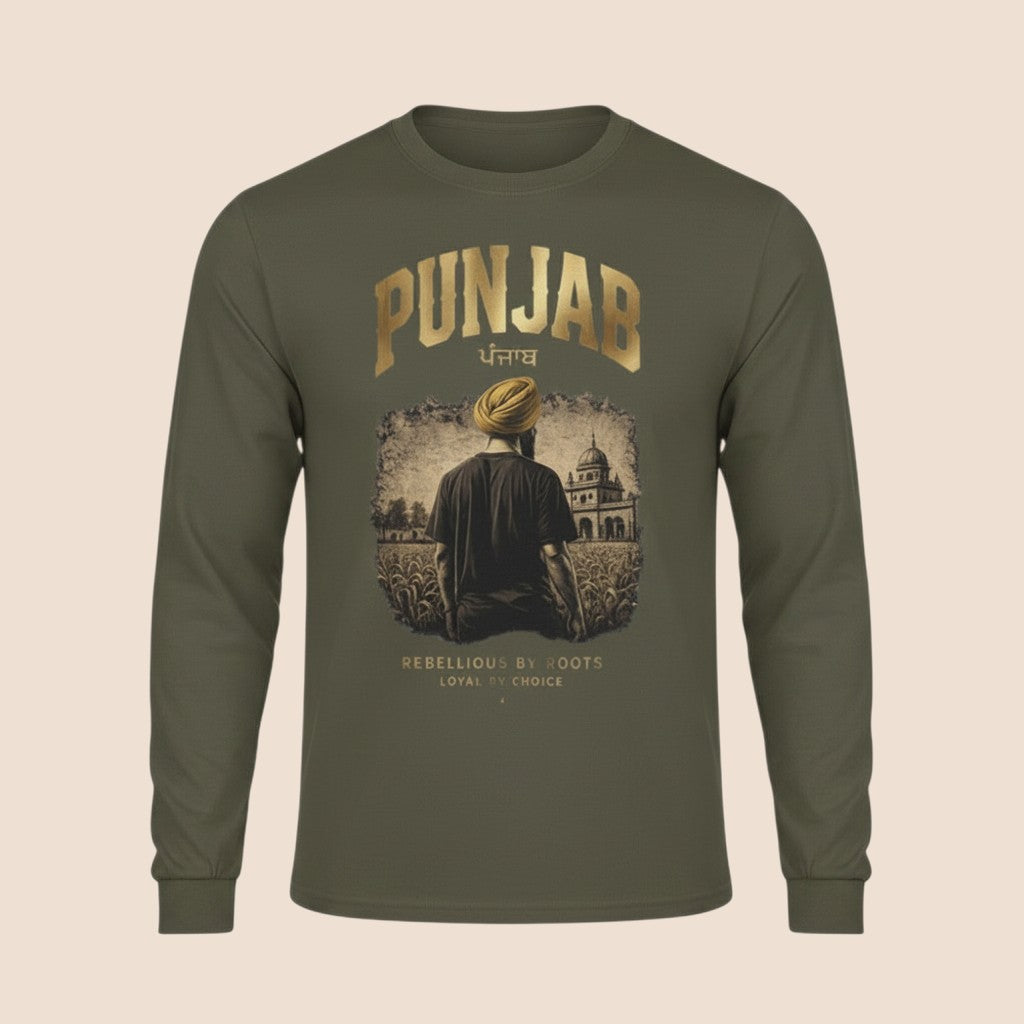 PUNJAB BOLDA olive green cotton long sleeve shirt with graphic print of a man in a turban and Punjabi text.