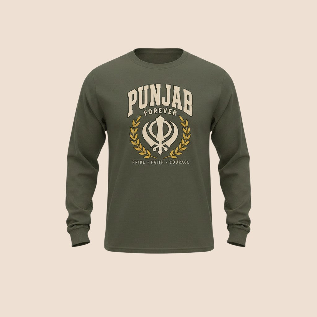 PUNJAB BOLDA olive green long sleeve cotton shirt with Punjab Forever graphic, Khanda symbol, and wheat wreath design.