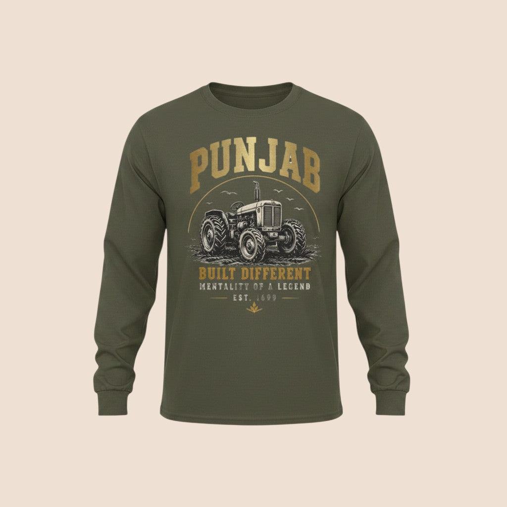 PUNJAB BOLDA olive green long sleeve cotton shirt with a vintage tractor graphic and Built Different text print.