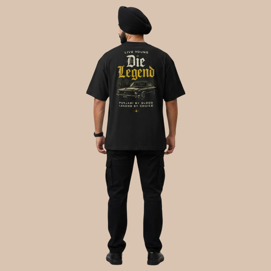 PUNJAB BOLDA black oversized t-shirt with dropped shoulders and graphic print of a vintage car and text "Die Legend". 100% organic cotton.