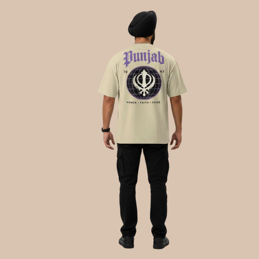 PUNJAB BOLDA oversized beige 100% organic cotton t-shirt with dropped shoulders and graphic print on back.