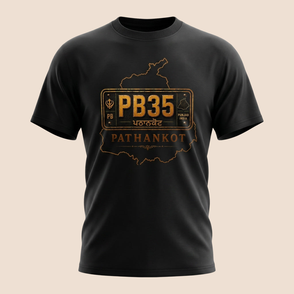 PUNJAB BOLDA black unisex classic tee featuring a gold PB35 Pathankot district graphic and Punjab map design.
