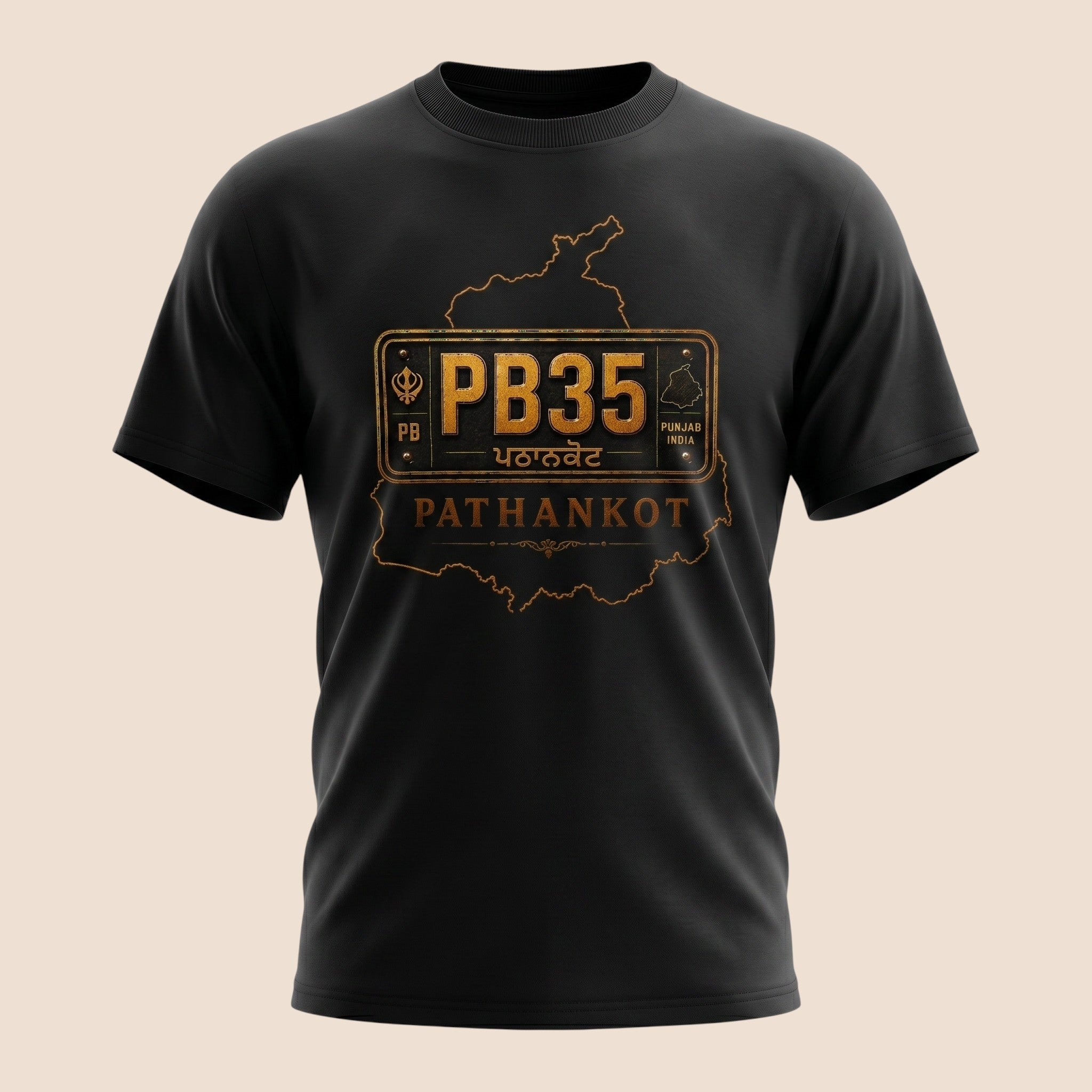PUNJAB BOLDA black unisex classic tee featuring a gold PB35 Pathankot district graphic and Punjab map design.