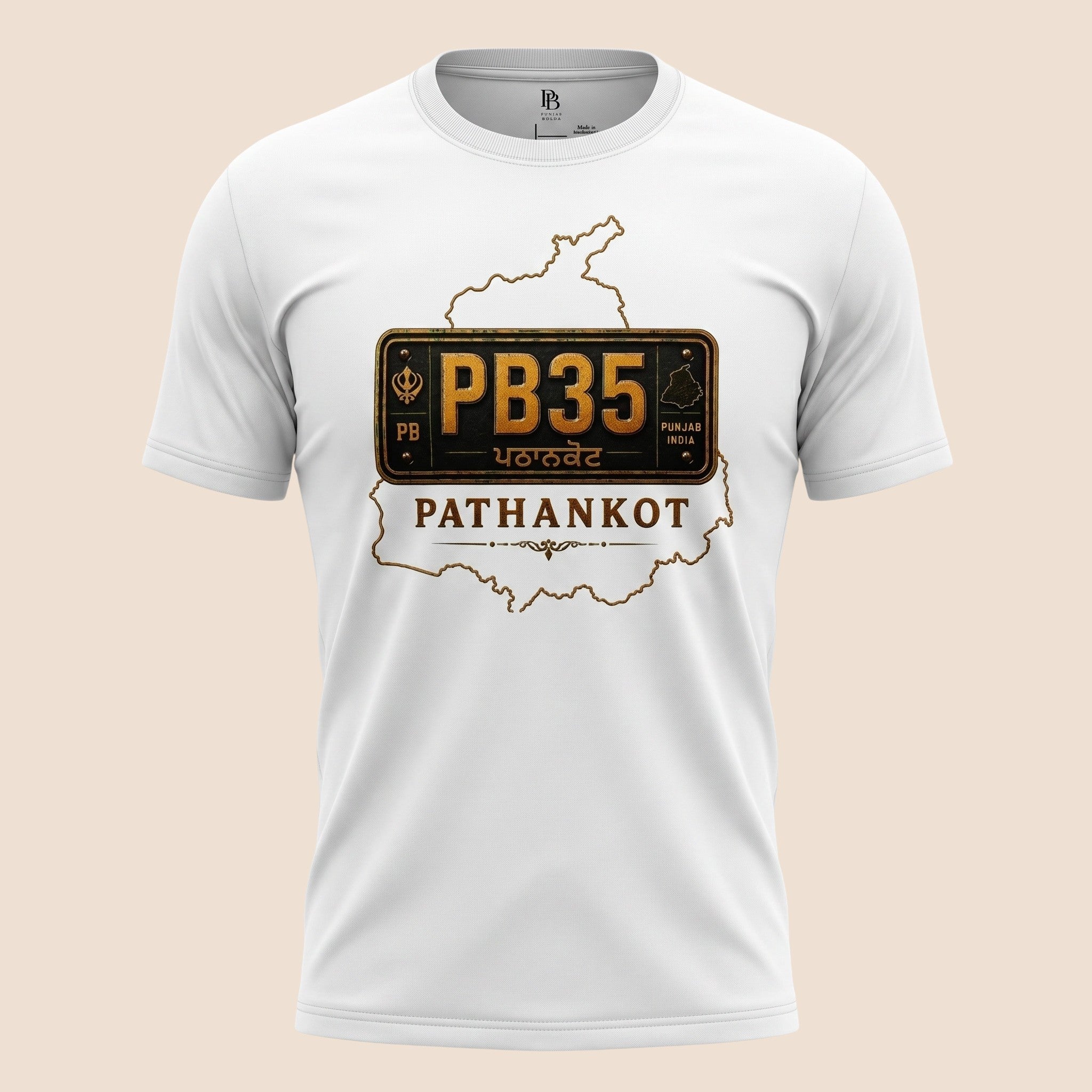 PUNJAB BOLDA white unisex classic tee featuring a Pathankot district license plate graphic and Punjab map outline.