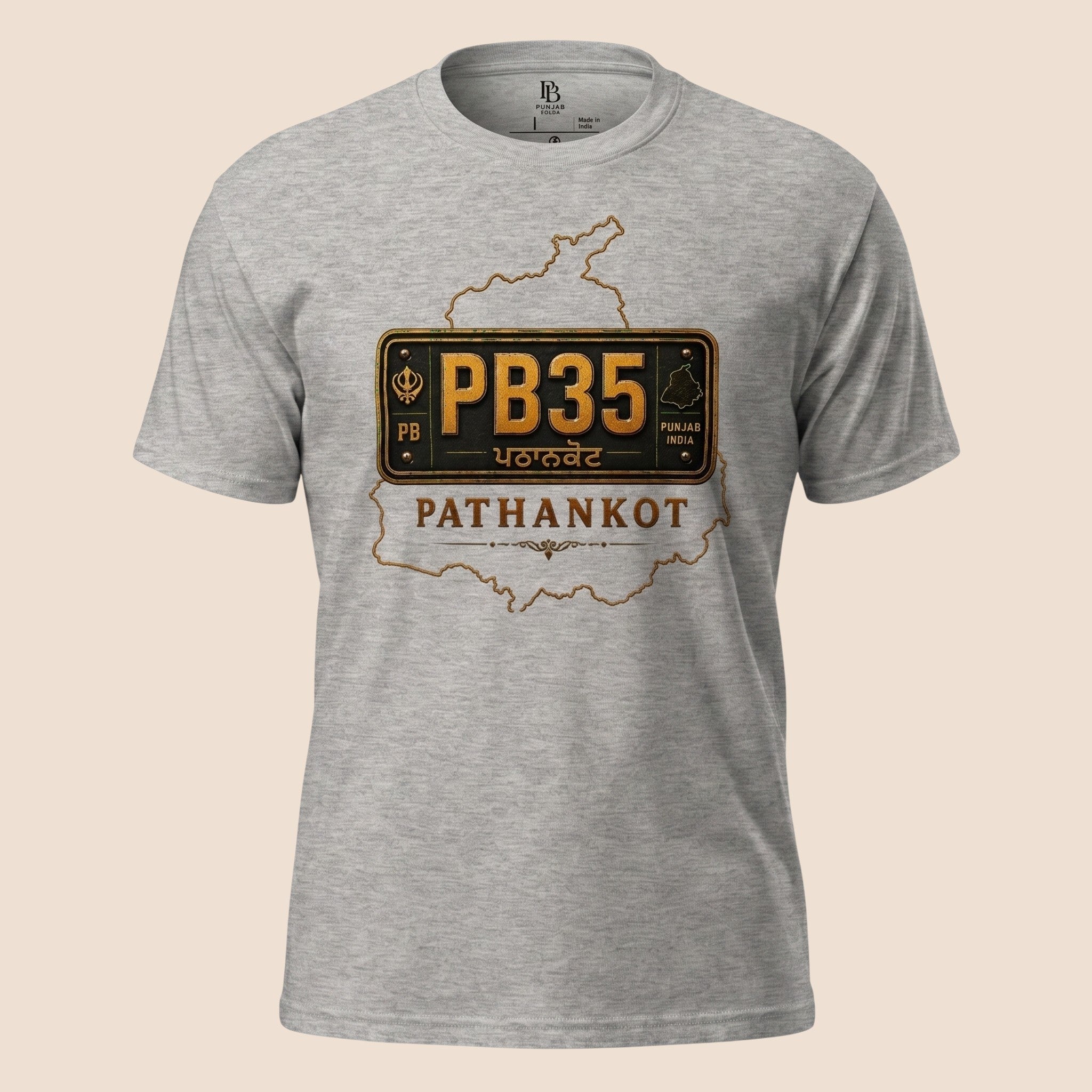 PUNJAB BOLDA grey unisex classic tee featuring a Pathankot PB35 district license plate graphic and Punjab map outline.