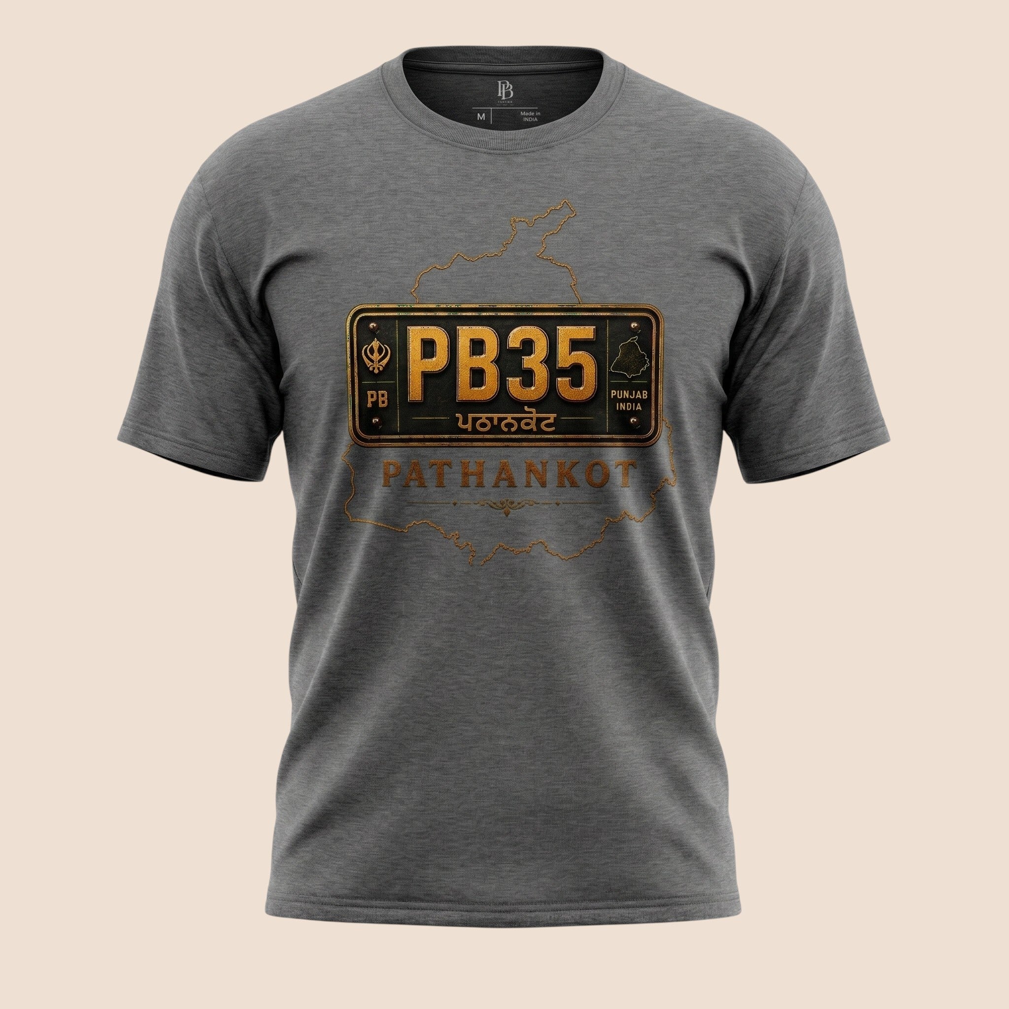 PUNJAB BOLDA unisex grey t-shirt featuring a Pathankot PB35 license plate graphic and Punjab district map outline.