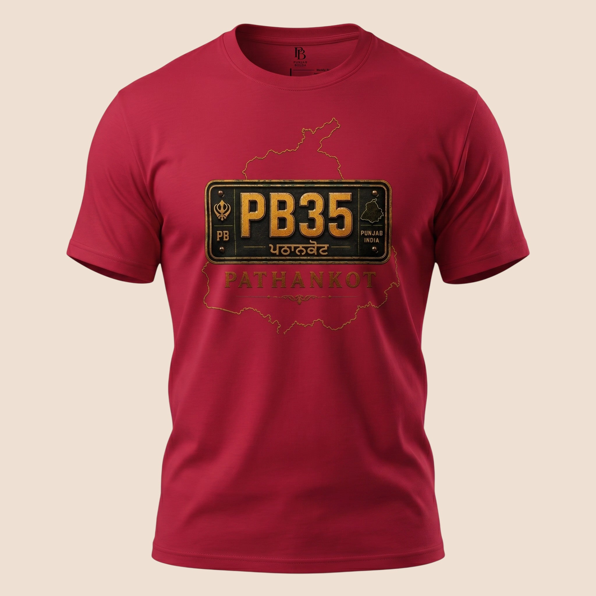 PUNJAB BOLDA red unisex classic tee featuring a Pathankot PB35 license plate graphic and Punjab district map outline.