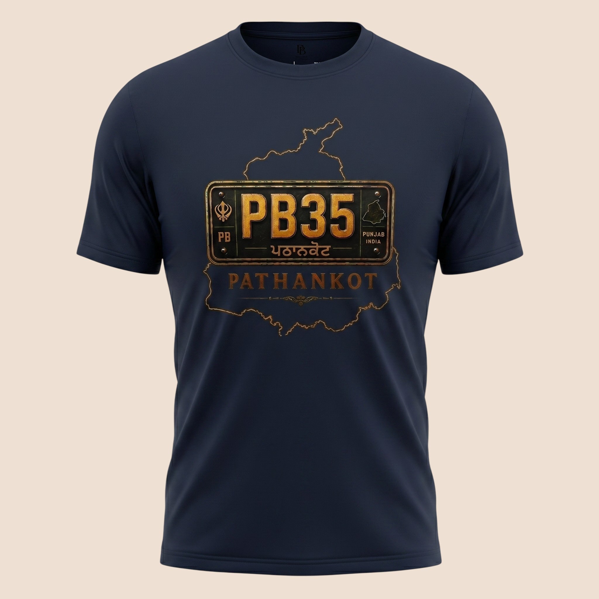 PUNJAB BOLDA navy blue unisex classic tee featuring a gold Pathankot PB35 district license plate graphic design.