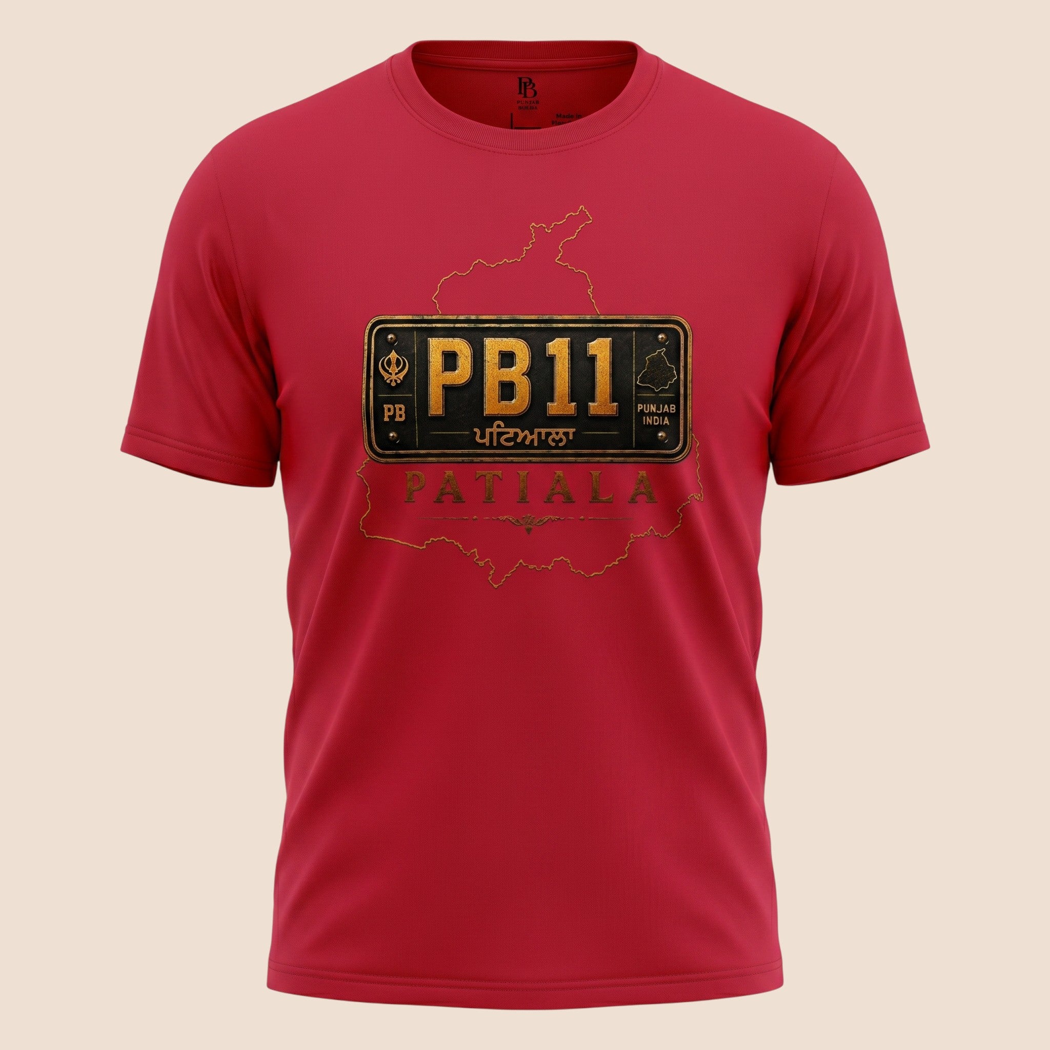 PUNJAB BOLDA red unisex classic tee featuring a vintage PB11 Patiala license plate graphic and district map outline.