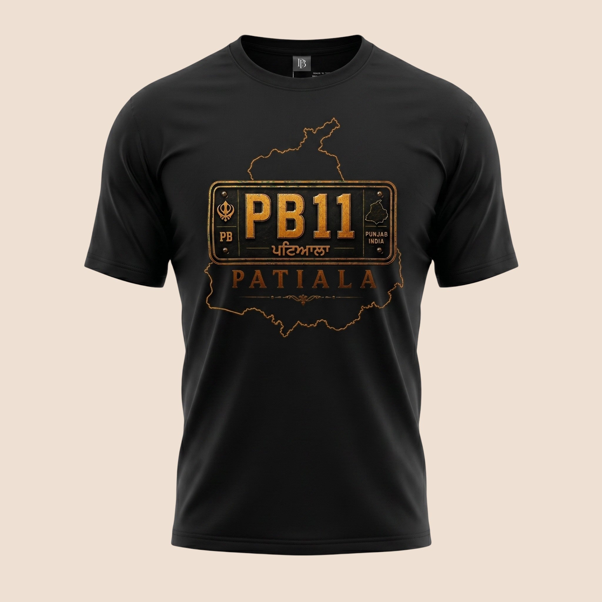 PUNJAB BOLDA black unisex classic tee featuring a gold PB11 Patiala district graphic print on the chest.