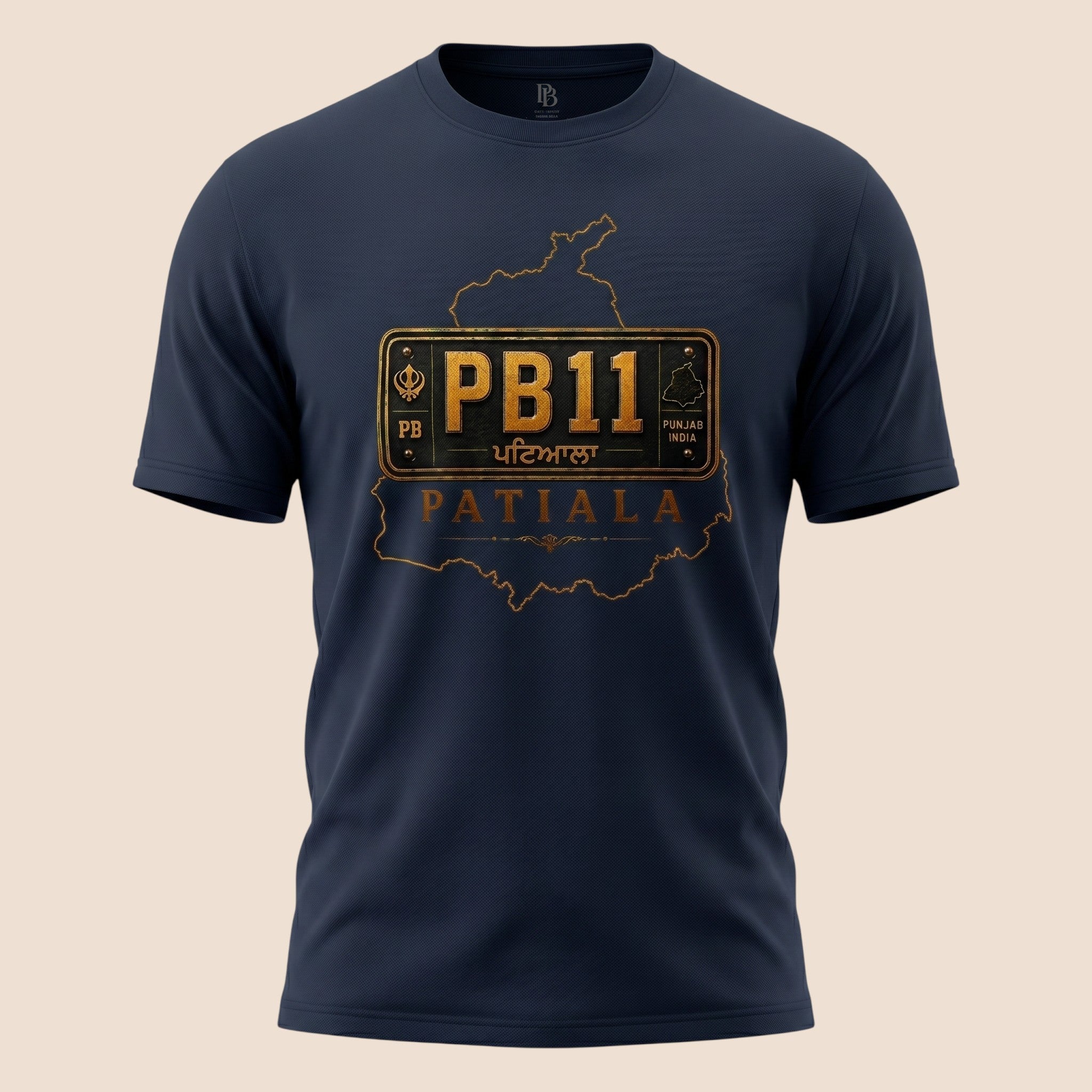 PUNJAB BOLDA navy blue unisex classic tee featuring a gold PB11 Patiala district graphic print on the chest.