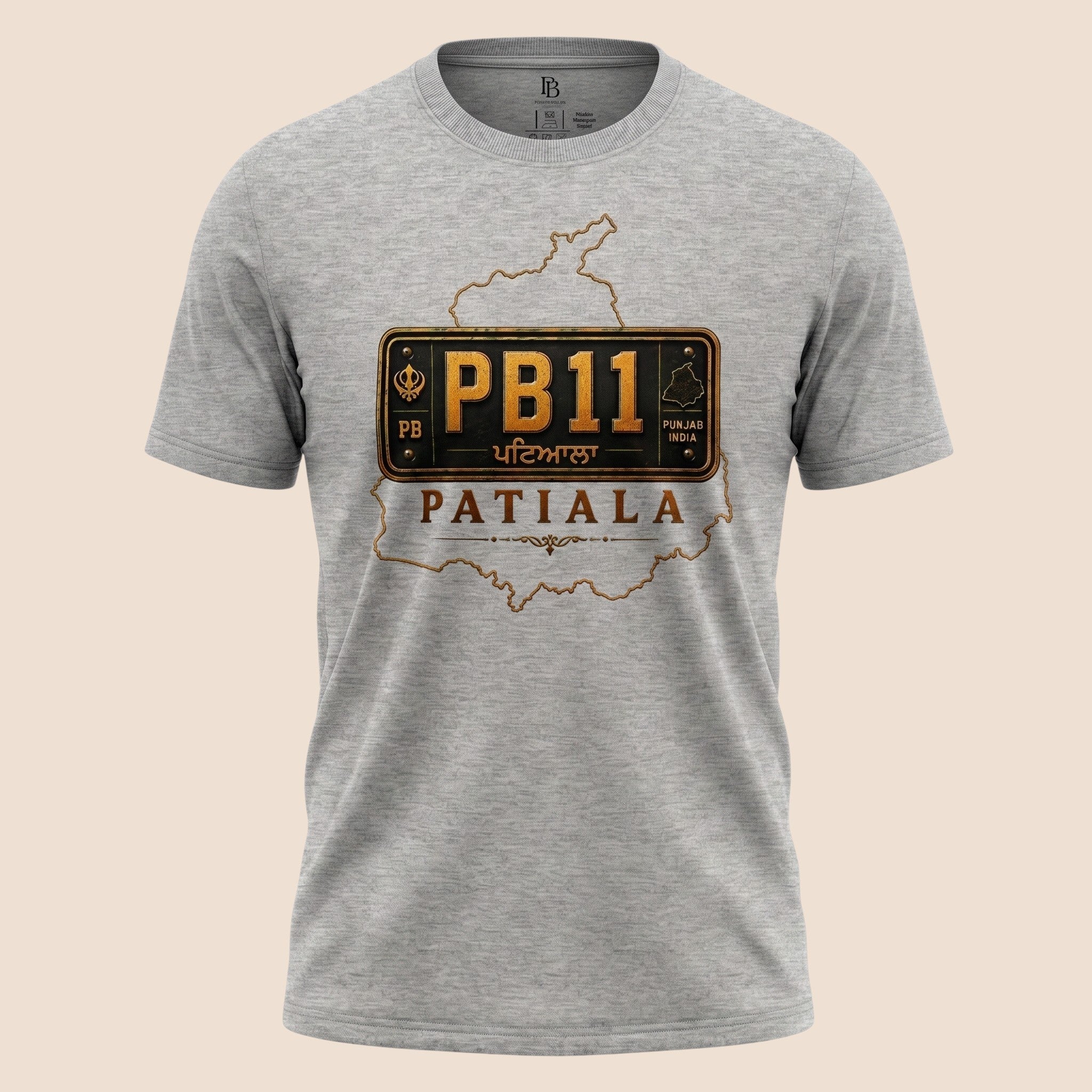 PUNJAB BOLDA grey unisex classic tee featuring a PB11 Patiala district license plate graphic design.