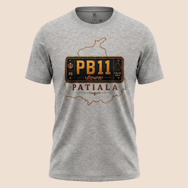 PUNJAB BOLDA grey unisex classic tee featuring a PB11 Patiala district license plate graphic design.