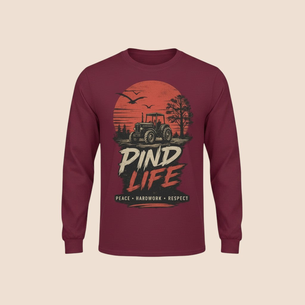 PUNJAB BOLDA white long sleeve cotton shirt with Pind Life tractor graphic print and Peace Hardwork Respect text.