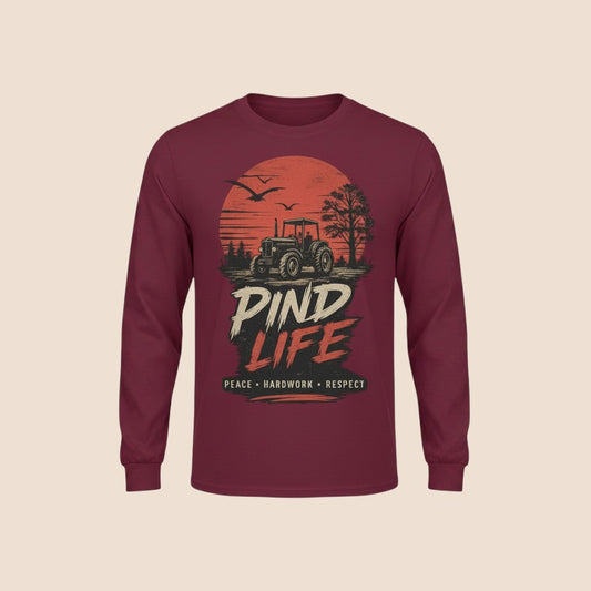 PUNJAB BOLDA white long sleeve cotton shirt with Pind Life tractor graphic print and Peace Hardwork Respect text.