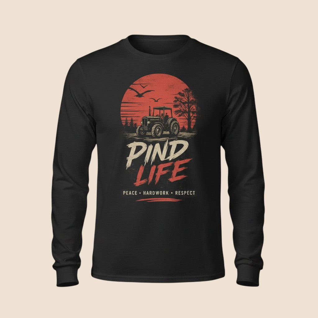 PUNJAB BOLDA black long sleeve cotton shirt featuring a PIND LIFE tractor graphic with sunset and rural design.