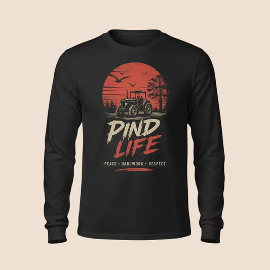 PUNJAB BOLDA black long sleeve cotton shirt featuring a PIND LIFE tractor graphic with sunset and rural design.