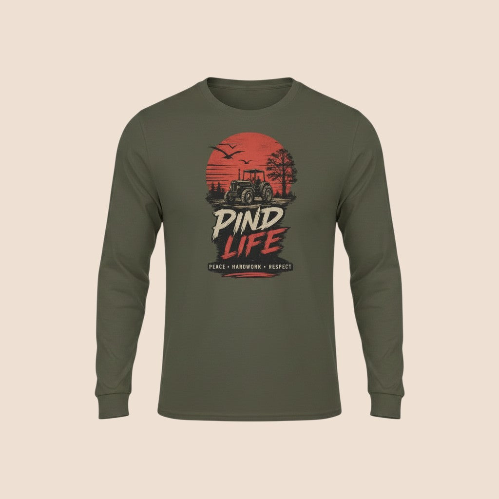 PUNJAB BOLDA olive green long sleeve cotton shirt with PIND LIFE tractor graphic print and ribbed cuffs.