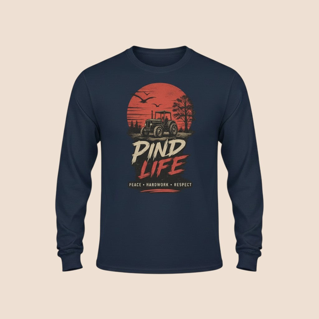 PUNJAB BOLDA navy blue long sleeve cotton shirt featuring a PIND LIFE tractor graphic with sunset and birds.