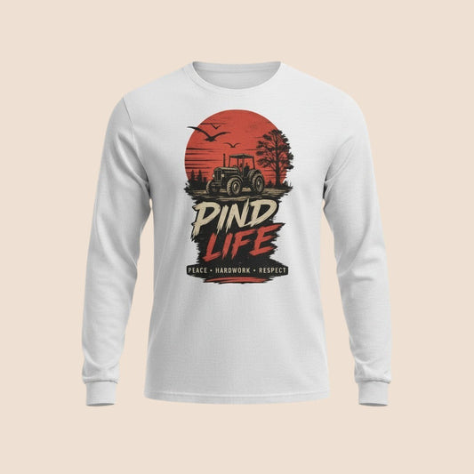 PUNJAB BOLDA white long sleeve cotton shirt with Pind Life tractor graphic print and Peace Hardwork Respect text.