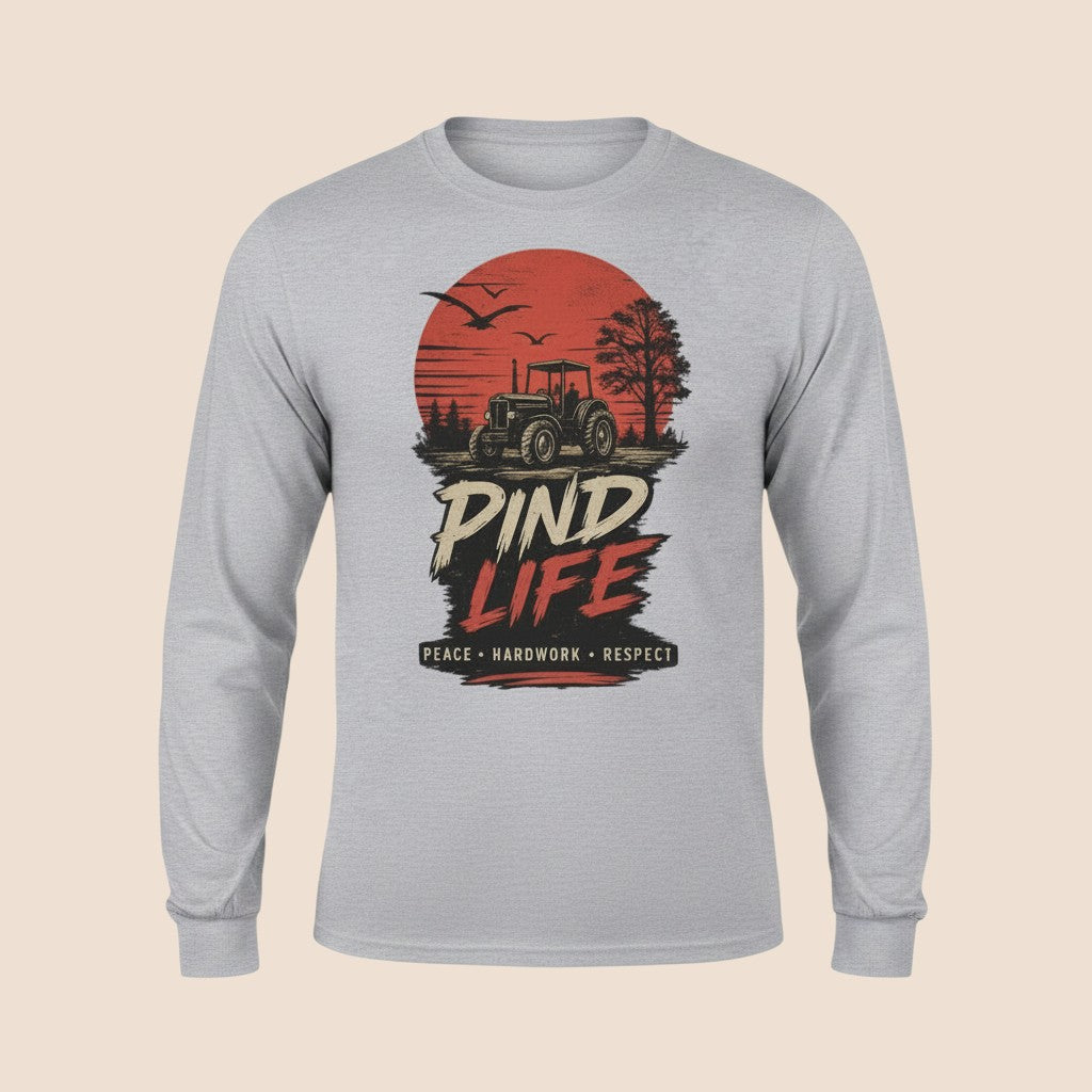 PUNJAB BOLDA grey long sleeve cotton shirt featuring a PIND LIFE tractor graphic with sunset and farm imagery.