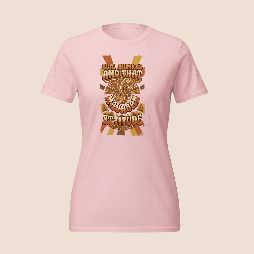 PUNJAB BOLDA light pink unisex cotton t-shirt featuring a retro-style graphic print with the text Suit Jhumkas Attitude