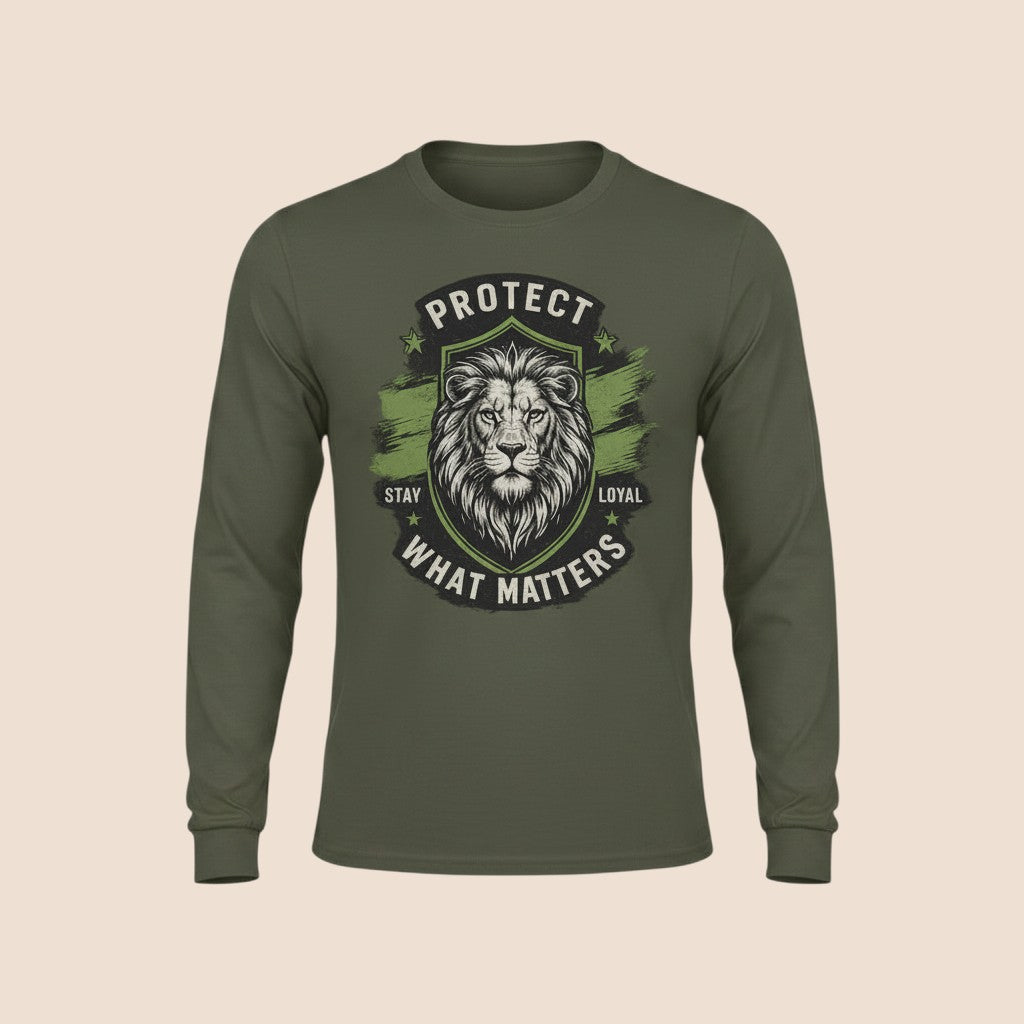 PUNJAB BOLDA olive green long sleeve cotton shirt featuring a lion graphic with Protect What Matters text.