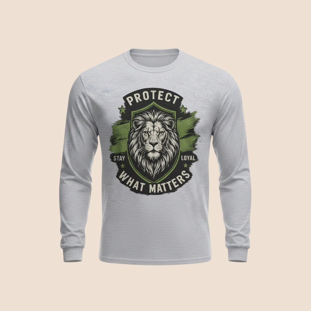 PUNJAB BOLDA grey long sleeve cotton shirt featuring a lion graphic with the text PROTECT STAY WHAT MATTERS