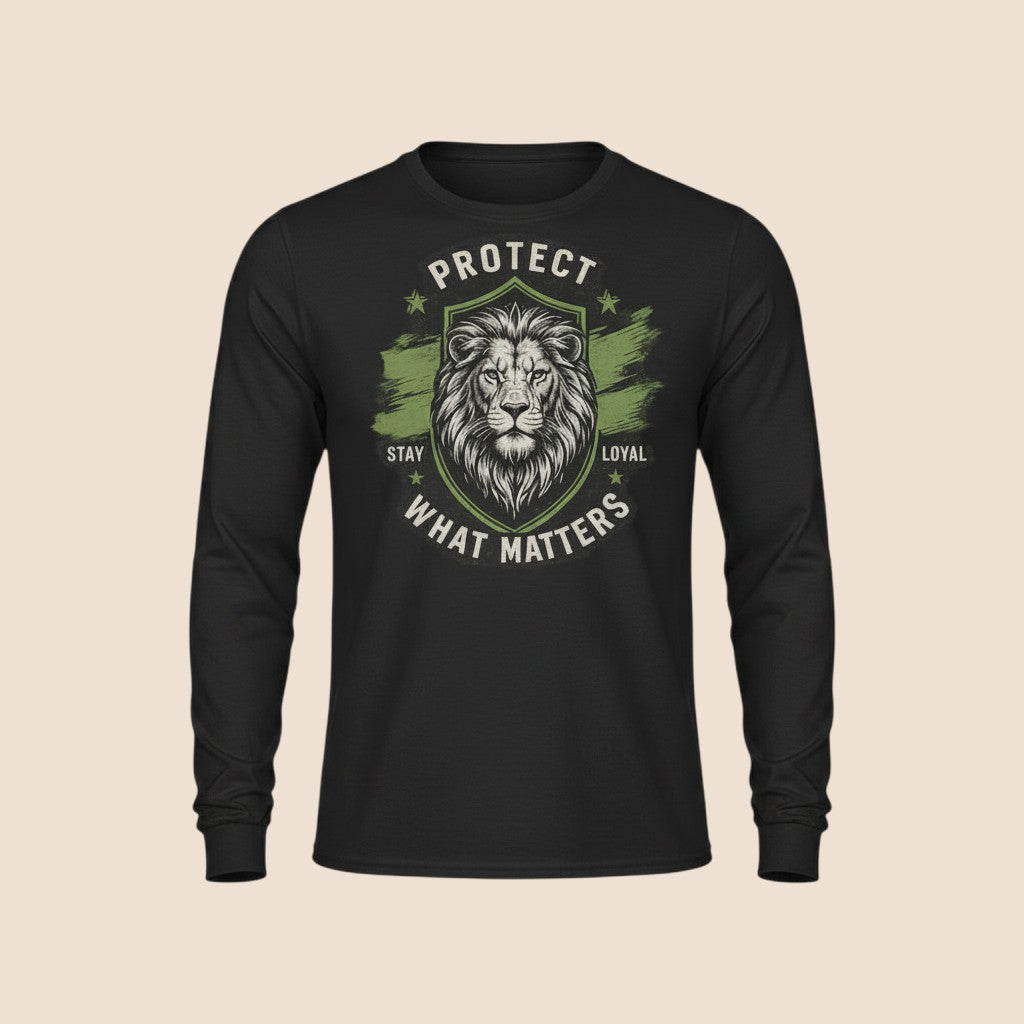 PUNJAB BOLDA black long sleeve cotton shirt featuring a lion graphic with the text PROTECT WHAT MATTERS