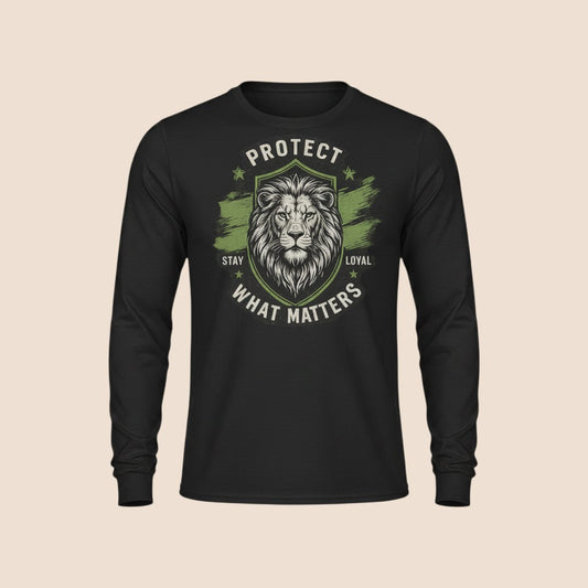 PUNJAB BOLDA black long sleeve cotton shirt featuring a lion graphic with the text PROTECT WHAT MATTERS