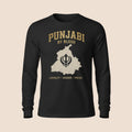 PUNJAB BOLDA black long sleeve cotton shirt with Punjabi By Blood graphic, map, and Khanda symbol print.