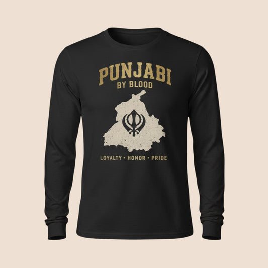 PUNJAB BOLDA black long sleeve cotton shirt with Punjabi By Blood graphic, map, and Khanda symbol print.