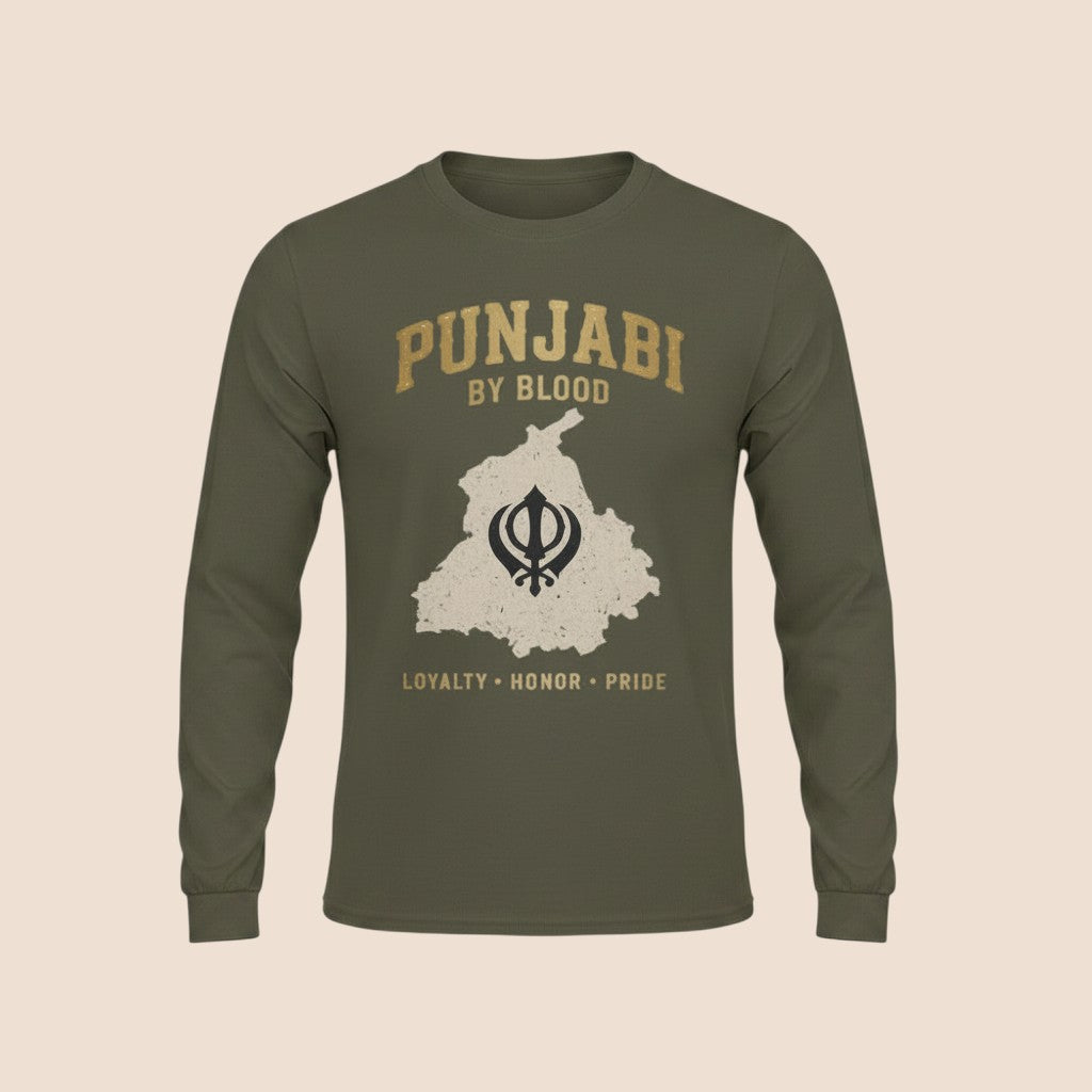PUNJAB BOLDA olive green long sleeve cotton shirt with PUNJABI BY BLOOD graphic, map, and Khanda symbol print.