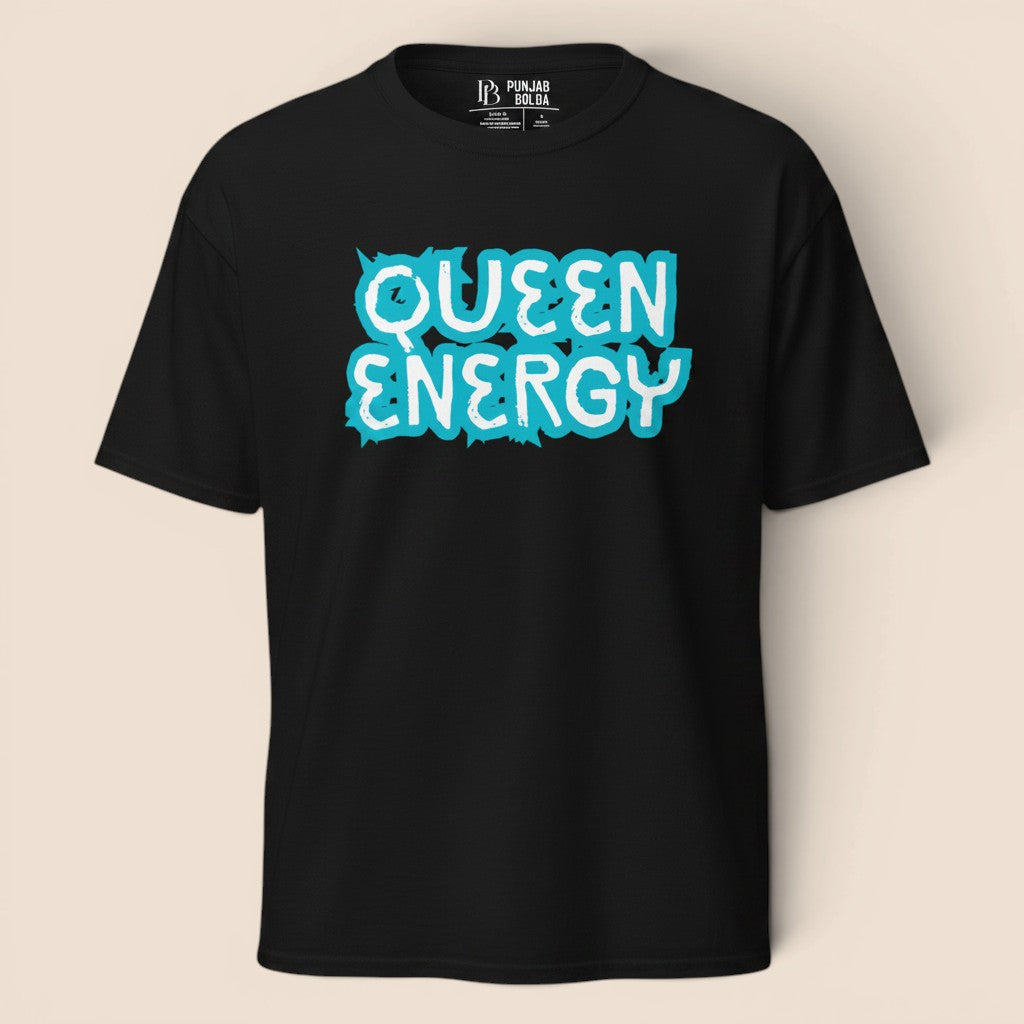 PUNJAB BOLDA black unisex cotton t-shirt with white and teal QUEEN ENERGY graphic print on the chest.