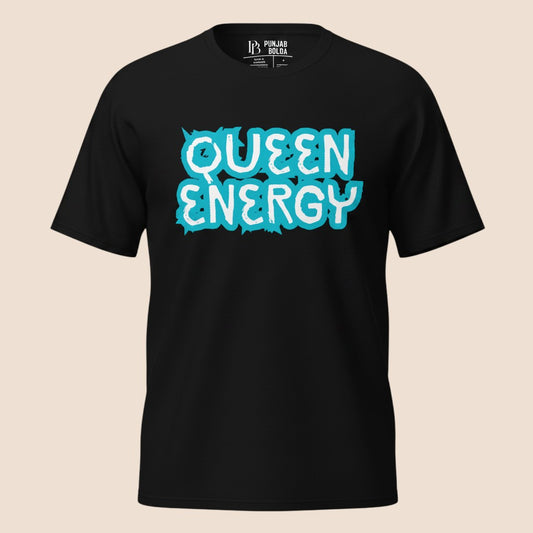 PUNJAB BOLDA black 100% cotton unisex classic tee featuring a white and light blue QUEEN ENERGY graphic print.