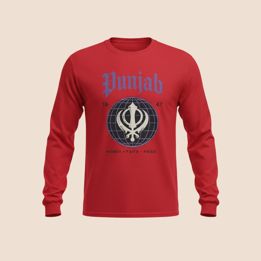 PUNJAB BOLDA red long sleeve cotton shirt with a graphic print of the Khanda symbol, globe, and text.